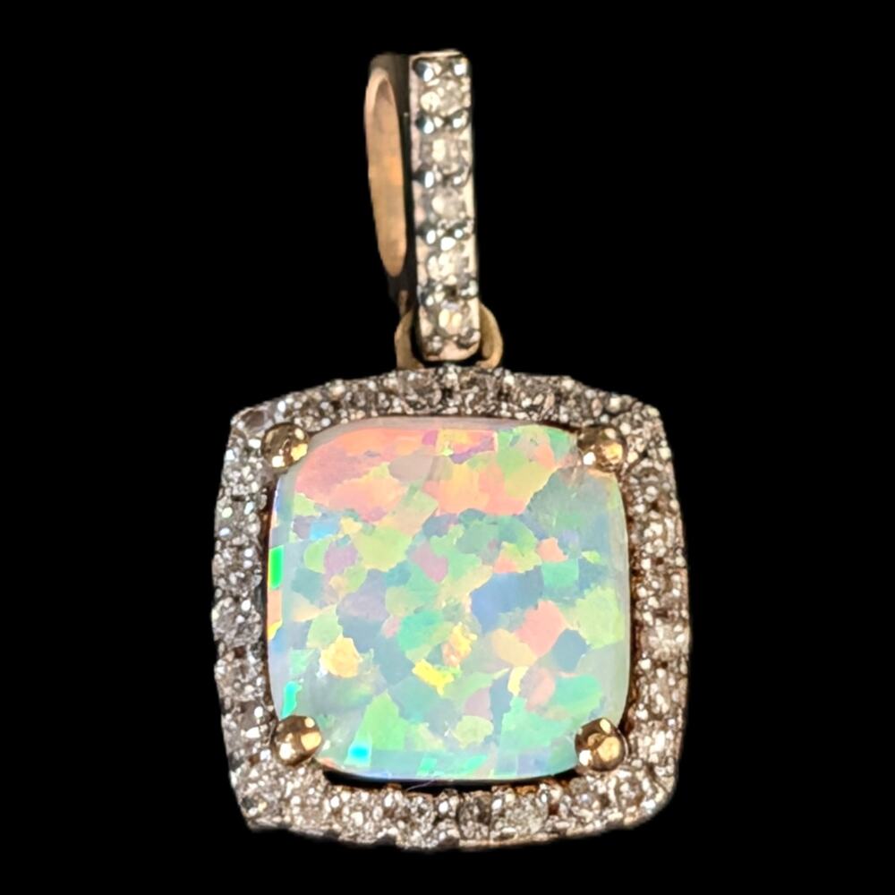 Estate Lab Created Opal Diamonds 10k Yellow Gold Pendant Vintage Gift